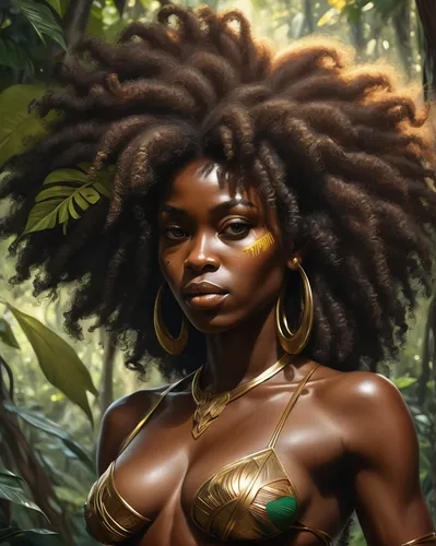 realista deusa africana, parece 30 anos, pele escura, jóias douradas, cabelo comprido, abs, corpo atlético, rio em uma floresta. ,african woman,african american woman,afro-american,afroamerican,beauti