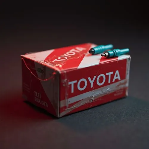 small size box of the company toyota. the box is a red and white colored in an stripped oblique way and has the logo of toyota company on it which is white bold word "TOYOTA" and is on the left side o