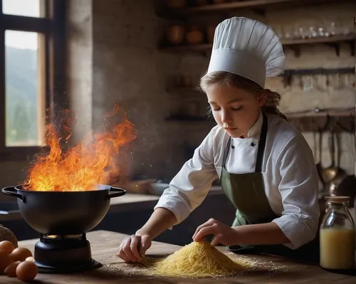 girl in the kitchen,chef,chef's uniform,saganaki,crêpe suzette,chef's hat,spaetzle,cookery,chef hat,cuisine of madrid,food and cooking,spätzle,food preparation,slovakian cuisine,pastry chef,cooking book cover,cuisine classique,red cooking,cook,cooking,Photography,Documentary Photography,Documentary Photography 22