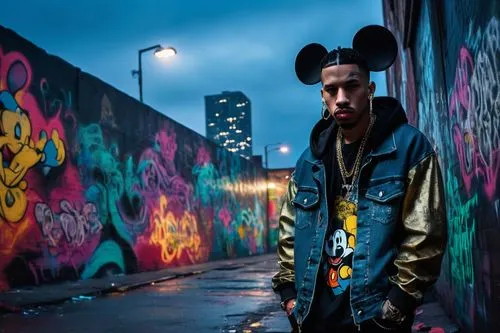 Mickey Mouse, gangsta style, urban streetwear, oversized jacket, ripped denim jeans, gold chain necklace, diamond earrings, tattoos on arms, confident smirk, leaning against graffiti wall, cityscape a