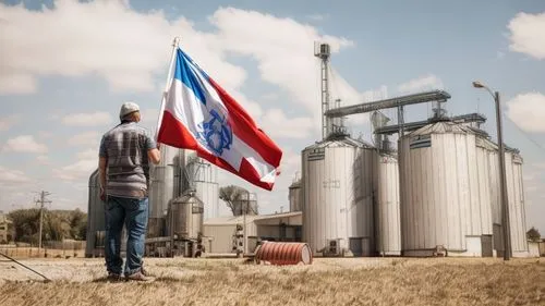 MAN HOLDING A FLAG ON SOME SILOS,puerto rico,venezuela,panamanian balboa,chilean flag,texas flag,el salvador,cuba background,flag of cuba,soybean oil,puerto rican cuisine,cuba,country flag,oil industr