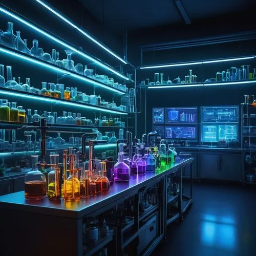 AI-generated image, futuristic laboratory, neon lights, sleek machinery, holographic screens, robotic arms, wires and circuits, metallic surfaces, glass containers, test tubes, beakers, petri dishes, 