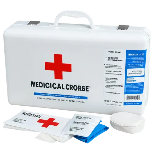 First aid kit, medical supplies, white box, red cross logo, detailed labels, metal clips, bandages, gauze pads, antiseptic wipes, scissors, tweezers, thermometer, realistic textures, shallow depth of 