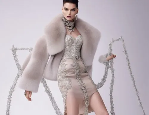 a woman in an elegant dress with fur and boots,fur coat,derivable,fur,suit of the snow maiden,animal fur,eveningwear,Photography,Fashion Photography,Fashion Photography 01