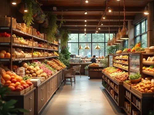 Modern grocery store interior, natural lighting, warm atmosphere, various fabric materials, cotton, polyester, linen, silk, velvet, lace, ribbons, colorful patterns, woven baskets, wooden shelves, met