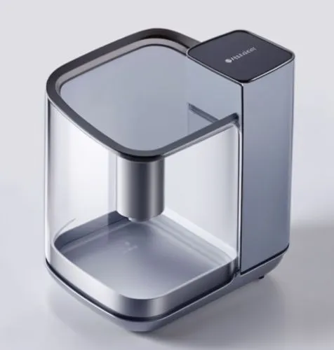 A pet water dispenser design, like a Rubik's cube shape, with a display screen, minimalist style,the glass holder on top of a small table,cube surface,microbrewer,piston,pentaprism,kilogram,ice cream 