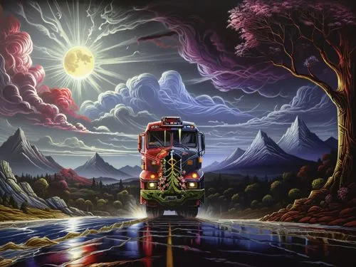 a red semi truck with a trailer parked in front of it at night,surrealism,london underground,spacebus,london bus,train of thought,fantasy picture,Illustration,Realistic Fantasy,Realistic Fantasy 25