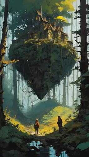 house in the forest,mountain settlement,mushroom landscape,wander,exploration,travelers,futuristic landscape,home landscape,tree house,floating island,lost place,treehouse,druid grove,ancient city,forest,old earth,studio ghibli,fantasy landscape,high landscape,mountain world,Conceptual Art,Sci-Fi,Sci-Fi 01