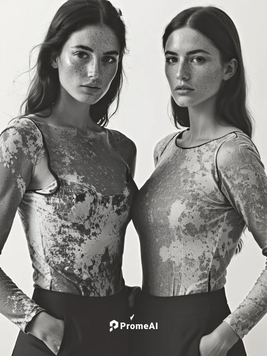 The same scene as a black and white photo. However, the freckles should be visible.,two women in matching outfits pose for a pograph,tahiliani,editorials,ladytron,heiresses,priestesses,zella,Photograp