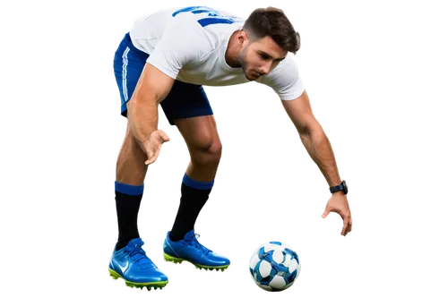 Male soccer player, athletic build, muscular legs, dynamic pose, white jersey, blue shorts, black cleats, ball at feet, intense facial expression, sweat dripping, stadium lights, dramatic shadows, low