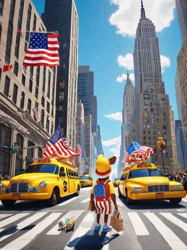 New York City architecture tour, daytime, sunny weather, bright blue sky, walking, group of tourists, mixture of ages, casual wear, sneakers, backpacks, holding cameras, maps, headphones, iconic skysc