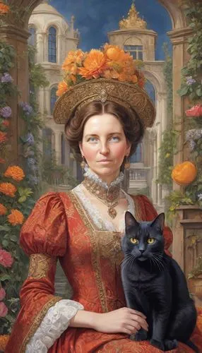 woman holding pie,romantic portrait,victorian lady,cat portrait,cat european,gothic portrait,fantasy portrait,pumpkin autumn,cat,girl with bread-and-butter,étouffée,calabaza,napoleon cat,portrait of a girl,cat image,halloween cat,marmalade,the hat of the woman,artist portrait,figaro,Digital Art,Comic