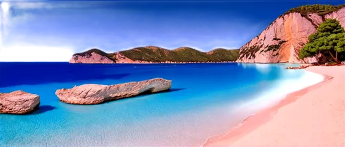 Navagio Beach, sandy shore, turquoise water, rocky cliffs, lush green trees, sunny day, clear blue sky, warm lighting, shallow depth of field, panoramic view, 3/4 composition, relaxed atmosphere, sere