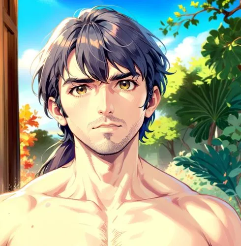 Pony tail, young george harrison, thicker muscular body, toucan on right shoulder,a man with an untied shirt and glasses, staring at the camera,zacchara,antinous,male elf,joestar,sousuke,sosuke,Anime,