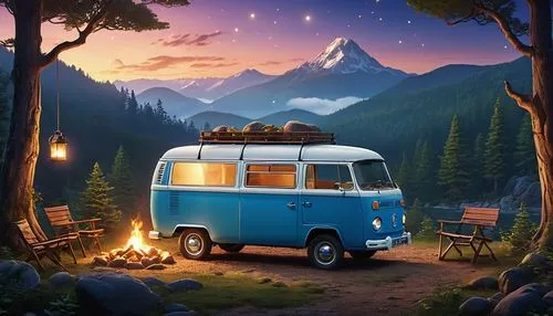 {
  "prompt": "A serene night camping scene featuring a vintage blue van parked in a forest clearing. The van has warm, inviting lights glowing from inside, creating a cozy atmosphere. In front of the