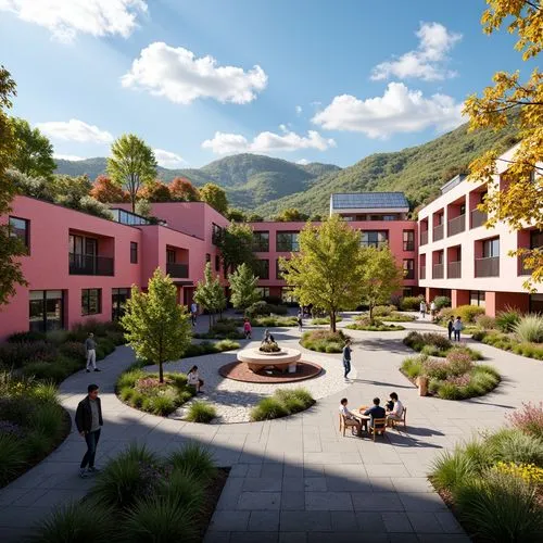 Vibrant campus landscape, eclectic architectural styles, modern experimental buildings, bold color schemes, irregular shapes, dynamic spaces, functional courtyards, pedestrian walkways, green roofs, s