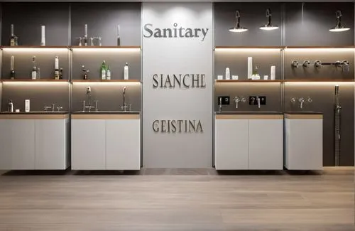 create a modern merchandise display units for a showroom showcasing sanitaryware like mixers, shower head wall mounted mixer, deck mounted mixer and other display, make it very modern ,the display has