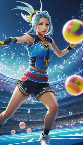 sports action, Final Fantasy X-2, Blitzball game, underwater stadium, Spira, female player, Rikku, athletic pose, dynamic movement, blitzball uniform, colorful patterns, sleek material, water texture,