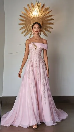 a young woman in a pink gown with a large sun headpiece,guelaguetza,quinceanera,sun bride,a floor-length dress,quinceaneras,social,Photography,General,Realistic