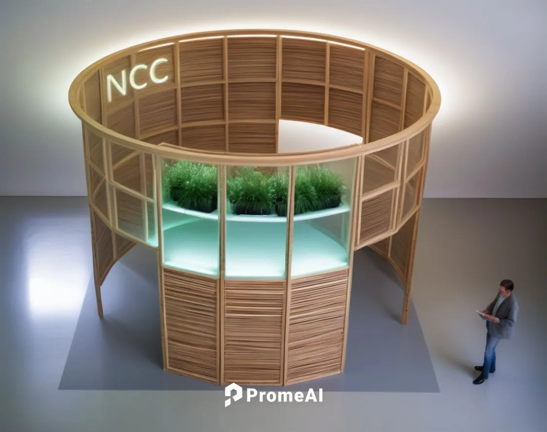 "Design a 6 x 6 meter modern exhibition booth in white color scheme for BITEC, featuring the NCC logo and using sustainable materials. Include:

A reception area with a sustainable bamboo desk and ill