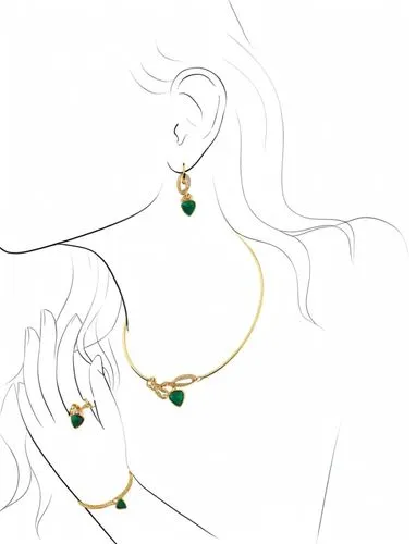 a woman wearing a gold and green necklace,earrings,emeralds,jewelry,earings,earring,jewellery,Photography,Fashion Photography,Fashion Photography 14