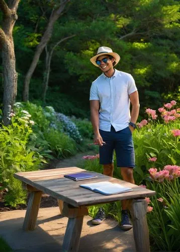 Summer 2024 landscape architecture internship, young adult, casual clothes, backpack, sunglasses, hat, smiling, taking notes, standing, outdoors, natural scenery, lush greenery, garden, flowers bloomi