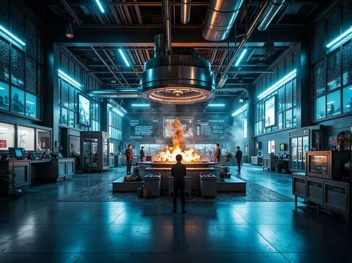 Industrial energy plant, fusion reactor core, metallic latticework, steel beams, exposed ductwork, polished concrete floors, gleaming aluminum panels, neon-lit accents, futuristic control rooms, holog