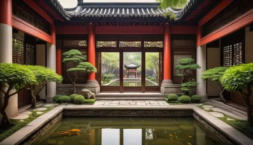 asian architecture,koi pond,suzhou,hyang garden,dojo,sanshui,qibao,qingcheng,japanese-style room,fengshui,wuyuan,ryokan,zen garden,teahouse,garden pond,shuozhou,yonghai,haiyuan,courtyard,kyoto,Illustration,American Style,American Style 15