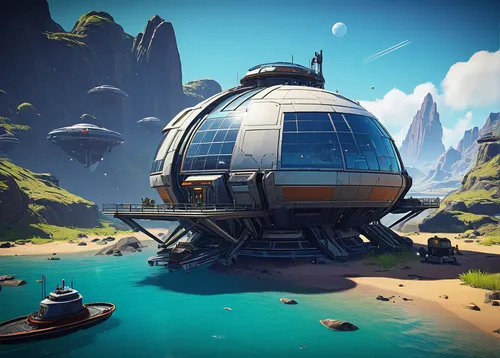 floating islands,futuristic landscape,airships,ship releases,carrack,terraforming,floating huts,floating island,very large floating structure,imperial shores,docked,artificial island,ship travel,gas planet,landing bay,airship,rescue and salvage ship,ship wreck,dock landing ship,euclid,Illustration,Retro,Retro 11