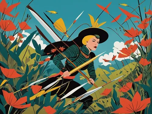 joan of arc,autumn chores,gardener,archer,ranger,leaf blower,vintage illustration,bows and arrows,scythe,swordswoman,sci fiction illustration,game illustration,bow and arrows,book illustration,female warrior,field archery,mulan,gamekeeper,hunting scene,archery,Illustration,Vector,Vector 13