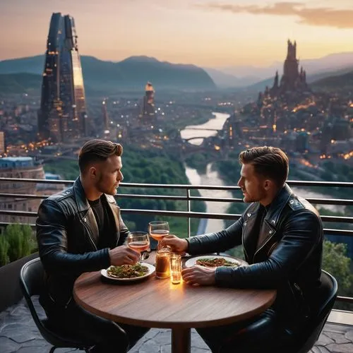 a handsome man and his boyfriend, 30 years old, having dinner wearing leather pants leather jackets sitting on the balcony of their hi rise apartment overlooking the most beautiful capital city you ca