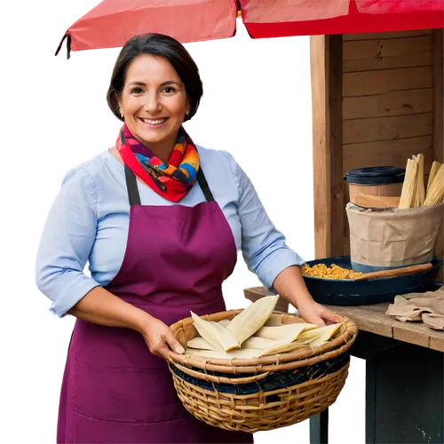 Traditional Colombian Tamale vendor, mature lady, solo, (40yo), warm smile, dark hair, colorful scarf, vibrant dress, apron, holding steaming hot tamales, standing, market stall, rustic wooden table, 