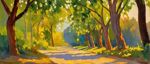 tree lined path,forest path,tree lined lane,forest road,pathway,birch alley,forest landscape,railroad trail,hiking path,nature trail,tree-lined avenue,tree canopy,forest walk,autumn forest,row of trees,forest glade,green forest,trail,wooden path,autumn landscape,Conceptual Art,Oil color,Oil Color 22