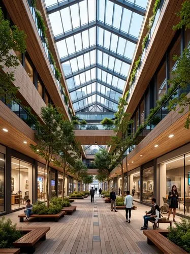 Photograph of a multi-level indoor shopping mall with a modern design,featuring wooden decking,lush greenery,and a glass-roofed atrium. People are casually seated and walking through the space,surroun