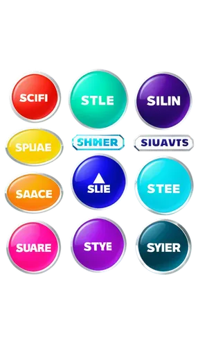 Colorful labels, PNG transparent background, various shapes, round, square, rectangular, triangle, star, glossy effect, metallic texture, shiny surface, detailed edges, bold fonts, bright colors, 3D a