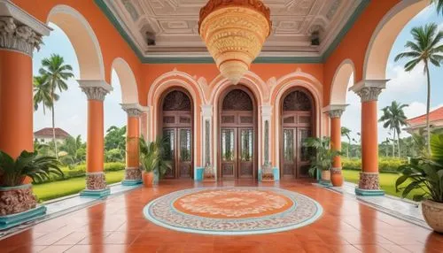 Modern Nigerian architectural design, colorful traditional patterns, intricate geometric shapes, vibrant Afrocentric colors, grand entrance with ornate doors, imposing columns, sweeping arches, majest