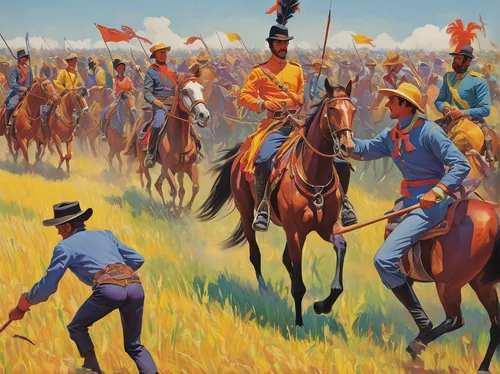 Design a colorful catalog filled with vibrant images and joyful descriptions.,tent pegging,cavalry,khokhloma painting,cossacks,hunting scene,western riding,chilean rodeo,inner mongolia,buzkashi,kurai 