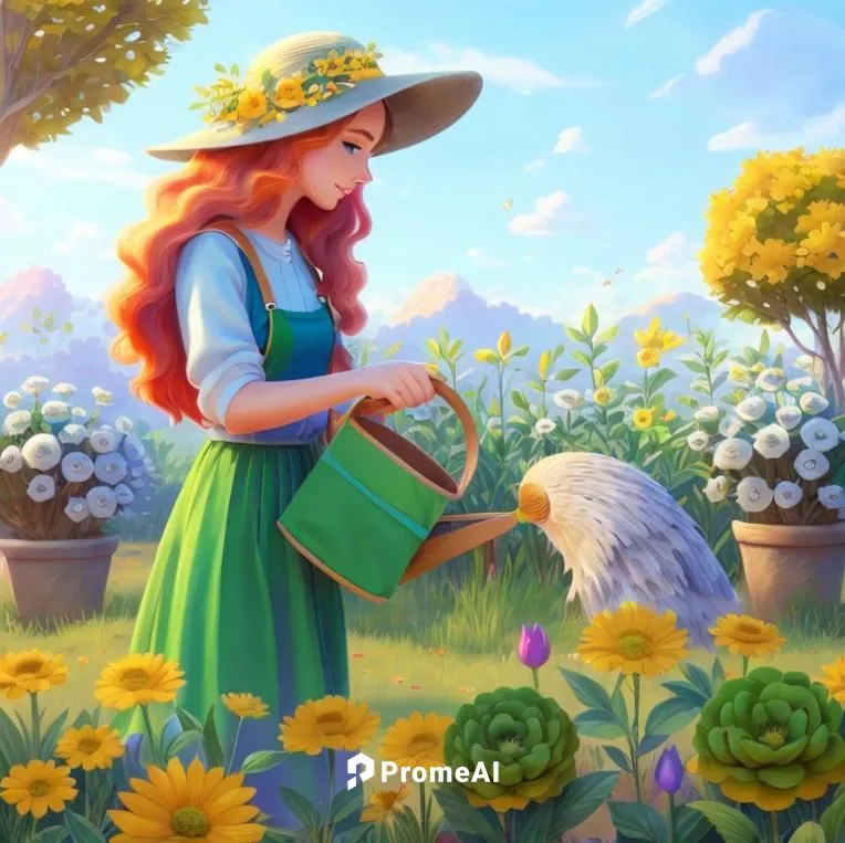 a painting of a girl watering her garden,picking flowers,girl picking flowers,arrietty,flower and bird illustration,holding flowers,merida,Common,Common,Cartoon