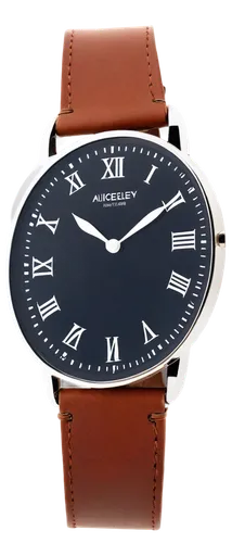 Round analog clock, white face, black Roman numerals, thin hour hands, thick minute hand, ticking sound effect, shiny metal rim, brown leather strap, worn out buckle, slight scratches, warm lighting, 