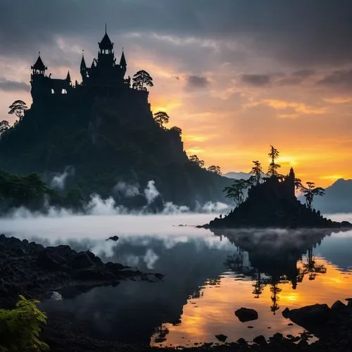 create in a big lake, there is a huge mountain above the clouds, a huge, giant one castle ruin in tha flames on a large misty mistrious lake in to the sekoya forest. There is a pirate ship ruin in the