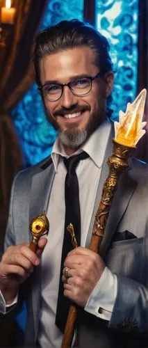 Mysterious sorcerer, Confundus, charming smile, pointed beard, glasses with golden frames, elegant suit, white shirt, black tie, intricately designed silver cufflinks, holding a wooden staff with a gl