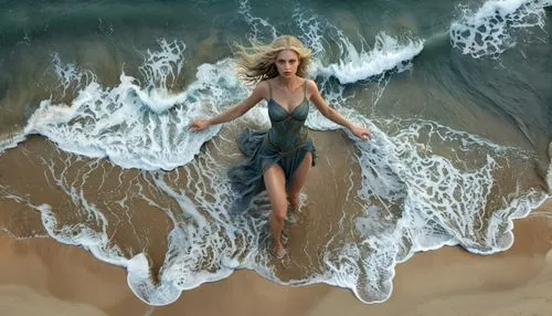 As the waves crash against the shore, a woman in her lost skin suddenly takes flight. Her pale skin fades into the ocean, and the sand beneath her feet is a deep, rich grey. Waves crash against the ho