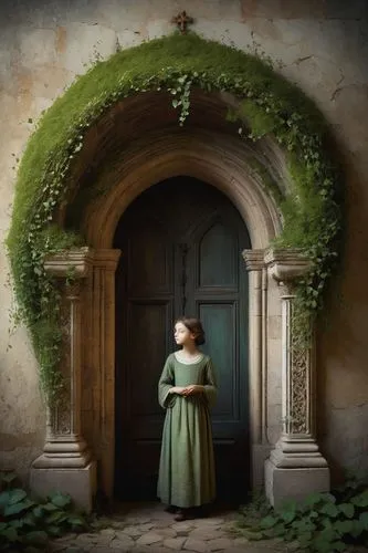 garden door,fairy door,doorways,girl in a wreath,doorway,the threshold of the house,doorkeeper,door wreath,green wreath,girl in the garden,open door,church door,old door,the door,in the door,girl in a historic way,isolde,fantasy picture,gretel,front door,Illustration,Abstract Fantasy,Abstract Fantasy 06