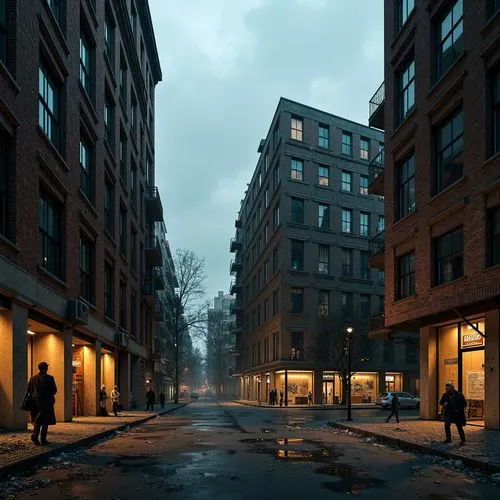 crewdson,sidestreet,microdistrict,street scene,urbanworld,3d rendering,tenements,3d render,render,urban landscape,photorealism,apartment house,streetscape,old linden alley,apartment block,apartment buildings,manhattan,gatan,3d rendered,streetscapes