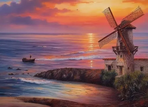 windmill,the windmills,windmills,coastal landscape,sea landscape,wind mill,wind mills,fantasy landscape,old windmill,sea fantasy,oil painting,sailing boat,art painting,sea sailing ship,fantasy picture