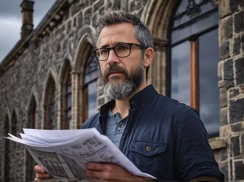 Middle-aged, male, architectural designer, Dunedin, New Zealand, casual attire, glasses, short hair, beard, holding blueprints, standing, city street, historic buildings, stone walls, Gothic architect