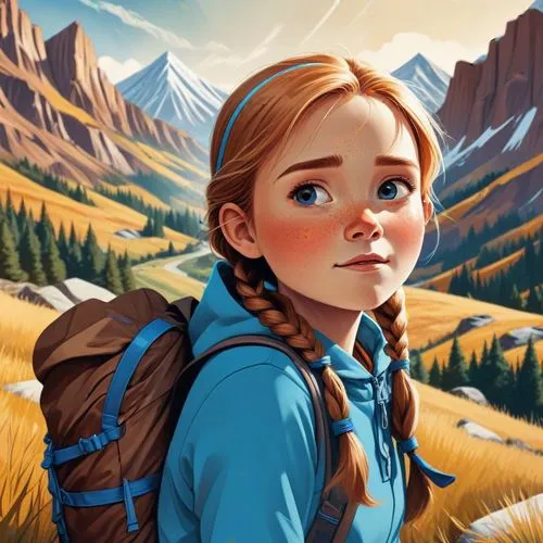 make different facial expressions for the girl,a girl in a blue shirt and brown backpack standing with mountains in the background,girl with bread-and-butter,little girl in wind,the spirit of the moun