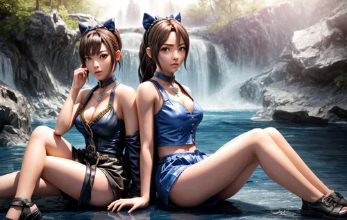 photo realistic,hot spring,kawaii people swimming,water lotus,water spring,beautiful girls with katana,two girls,stream,water fall,fantasy picture,anime 3d,3d fantasy,mountain spring,japanese icons,wa