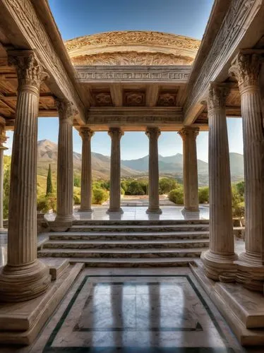 Ancient Greek-inspired temple, intricately carved stone columns, ornate frescoes, grand dome roof, symmetrical facade, majestic entrance stairs, marble flooring, subtle lighting, warm afternoon sunbea