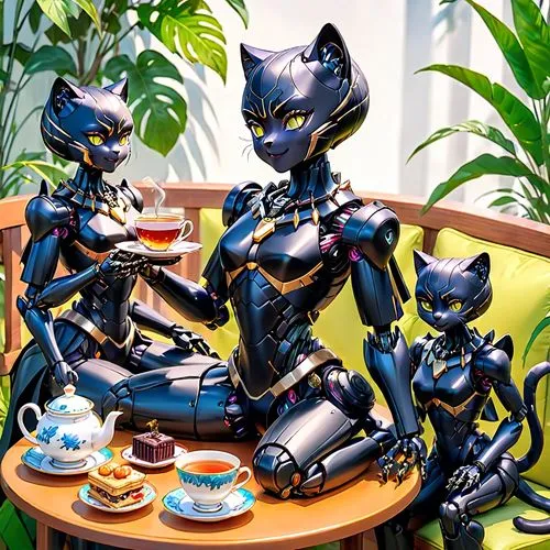 femenine black panther robots in a teaparty, feline smile, warm smile, femenine figure, visible internal mechanisms, visible internal circuitry, robot joints, robot abdomen, tea, snacks, offering cup 